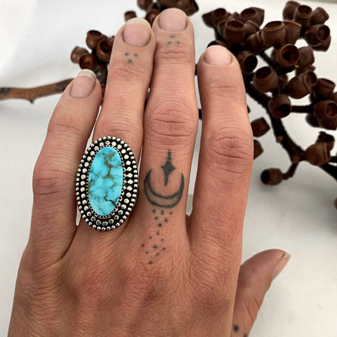 Chunky Turquoise Ring- Size 6- Hand Stamped Sterling Silver and Turquoise Mountain Turquoise
