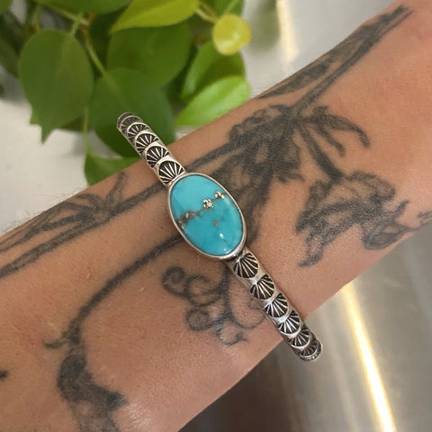 Chunky Stamped Stacker Cuff- Size L/XL- Kingman Turquoise and Sterling Silver Bracelet
