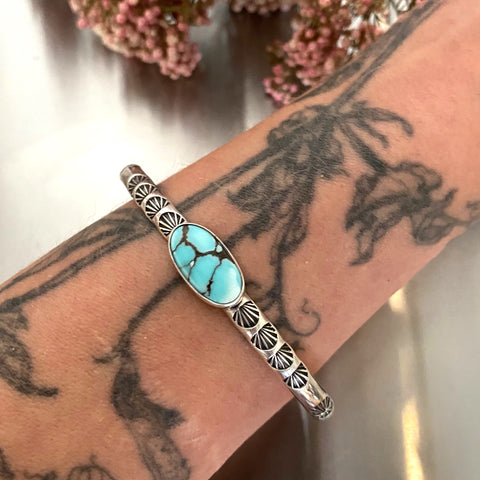 Chunky Stamped Stacker Cuff- Size L/XL- Lone Mountain Turquoise and Sterling Silver Bracelet