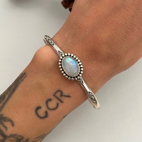 Stamped Stacker Cuff- Sterling Silver and Rainbow Moonstone Bracelet- Size L/XL