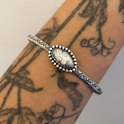 Stamped Stacker Cuff- Sterling Silver and White Buffalo Bracelet- Size L/XL