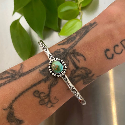 Stamped Stacker Cuff- Size L/XL- Royston Turquoise and Sterling Silver Bracelet