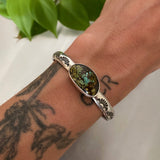 Heavyweight Stamped Cuff- Size XS/S- Bamboo Mountain Turquoise and Chunky Sterling Silver Bracelet