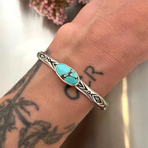 Chunky Stamped Stacker Cuff- Size XS/S- Sierra Nevada Turquoise and Sterling Silver Bracelet