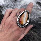 Large Celestial Agate Ring- Sterling Silver and Orange Banded Agate- Finished to Size or as a Pendant