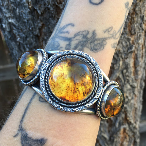 Large 3-Stone Amber Cuff- Sterling Silver and Mayan Amber- Hand Stamped