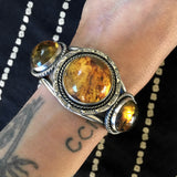 Large 3-Stone Amber Cuff- Sterling Silver and Mayan Amber- Hand Stamped