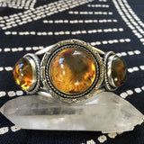 Large 3-Stone Amber Cuff- Sterling Silver and Mayan Amber- Hand Stamped