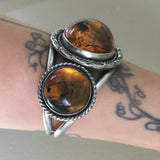 Large 3-Stone Amber Cuff- Sterling Silver and Mayan Amber- Hand Stamped