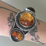 Large 3-Stone Amber Cuff- Sterling Silver and Mayan Amber- Hand Stamped