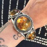 Large 3-Stone Amber Cuff- Sterling Silver and Mayan Amber- Hand Stamped