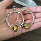 Stamped Amber Hoop Earrings- Sterling Silver and Mayan Amber