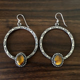 Stamped Amber Hoop Earrings- Sterling Silver and Mayan Amber