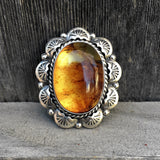 Ornate Amber Overlay Ring- Sterling Silver and Mayan Amber - Finished to Size