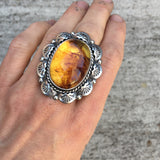 Ornate Amber Overlay Ring- Sterling Silver and Mayan Amber - Finished to Size