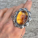 Ornate Amber Overlay Ring- Sterling Silver and Mayan Amber - Finished to Size