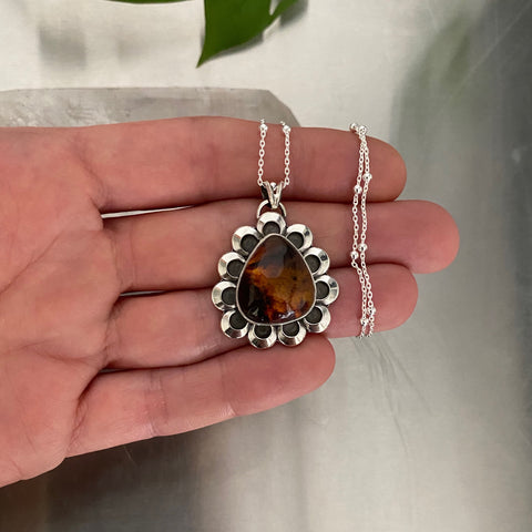 Dainty Amber Floral Necklace- Sterling Silver and Mayan Amber- 18" Chain