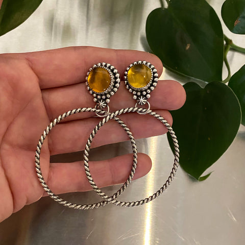 X-Large Amber Celestial Hoop Earrings- Mayan Amber and Sterling Silver
