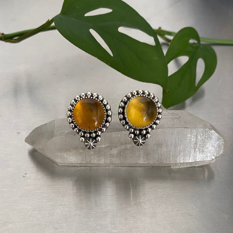 Amber Celestial Stud Earrings- Mayan Amber and Sterling Silver