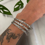 3 Stamped Sterling Stacker Cuffs- Silver Stacking Cuff Bracelets- Arrow, Sun, and Triangle Design- Set of 3