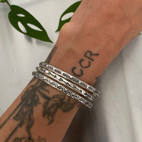 3 Stamped Sterling Stacker Cuffs- Silver Stacking Cuff Bracelets- Arrow, Sun, and Triangle Design- Set of 3