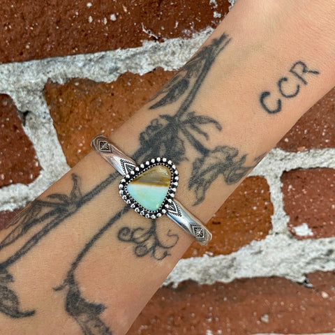 Stamped Wide Endless Summer Stacker Cuff- Sterling Silver and Blue Opal Petrified Wood Bracelet- Size S/M