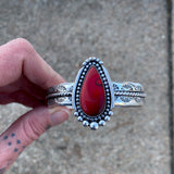 Chunky Hand-Stamped Rosarita Cuff Bracelet- Sterling Silver and Red Rosarita- Size S/M