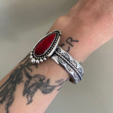 Chunky Hand-Stamped Rosarita Cuff Bracelet- Sterling Silver and Red Rosarita- Size S/M