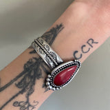 Chunky Hand-Stamped Rosarita Cuff Bracelet- Sterling Silver and Red Rosarita- Size S/M