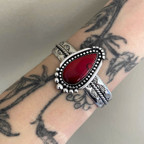 Chunky Hand-Stamped Rosarita Cuff Bracelet- Sterling Silver and Red Rosarita- Size S/M