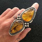 Huge 2-Stone Amber Ring- Sterling Silver and Mayan Amber - Finished to Size