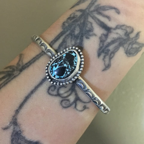 Stamped Turquoise Stacker Cuff- Blue Moon Turquoise and Sterling Silver Bracelet- Size M/L