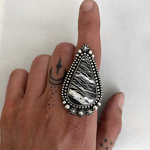 Large Celestial White Buffalo Ring- Sterling Silver and White Buffalo Statement Ring- Finished to Size or as Pendant