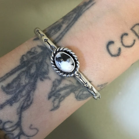 Stamped White Buffalo Stacker Cuff- White Buffalo and Sterling Silver Bracelet- Size S/M