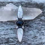 White Buffalo and Onyx 3-stone Ring- Sterling Silver and White Buffalo- Finished to Size or as a Pendant