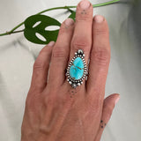 Celestial Turquoise Ring- Size 8- Hand Stamped Sterling Silver and Sierra Nevada Turquoise