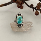 Celestial Turquoise Ring- Size 7.75- Hand Stamped Sterling Silver and Royston Turquoise