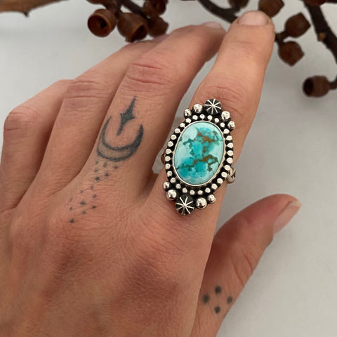 Celestial Turquoise Ring- Size 7.75- Hand Stamped Sterling Silver and Royston Turquoise