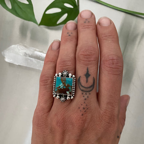Celestial Turquoise Ring- Size 5.25- Hand Stamped Sterling Silver and Royston Turquoise