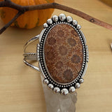 Huge Fossilized Coral Cuff Bracelet- Sterling Silver and Fossil Coral Statement Cuff