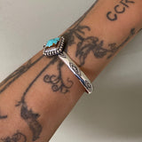 Stamped Wide Stacker Cuff- Sterling Silver and Royston Turquoise Bracelet- Size S/M