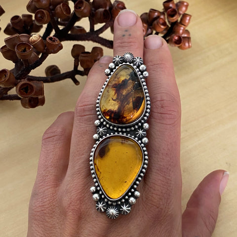 Huge 2-Stone Amber Celestial Ring- Sterling Silver and Mayan Amber - Finished to Size