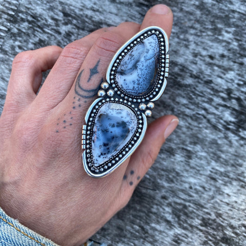 Huge Double Dendritic Opal Ring- Sterling Silver and Dendritic Opal- Finished to Size or as a Pendant
