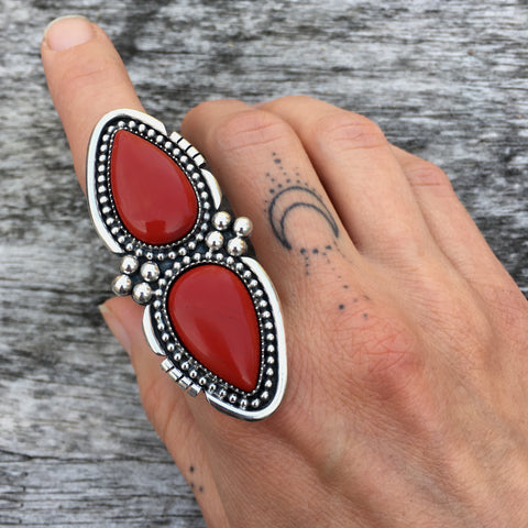 Large Two-Stone Rosarita Ring- Sterling Silver and Red Rosarita- Finished to Size or as a Pendant