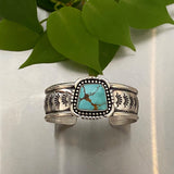 The Dreamweaver Cuff- Size S/M- Royston Turquoise and Stamped Sterling Silver Bracelet