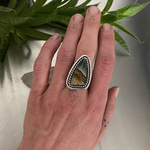 Dune Ring Size 7- Sterling Silver and Picture Jasper- Hand Stamped Band