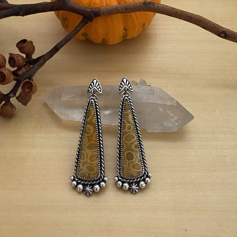 Fossilized Coral Celestial Earrings- Sterling Silver and Fossil Coral