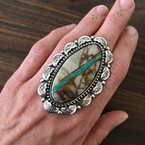 Huge Royston Ribbon Turquoise Hand Stamped Ring or Pendant- Sterling Silver Overlay Ring- Finished to Size