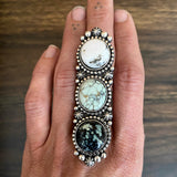 Huge Ornate 3-Stone White Buffalo and Variscite Ring- Sterling Silver and Natural Stones- Finished to Size or as a Pendant