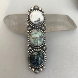 Huge Ornate 3-Stone White Buffalo and Variscite Ring- Sterling Silver and Natural Stones- Finished to Size or as a Pendant